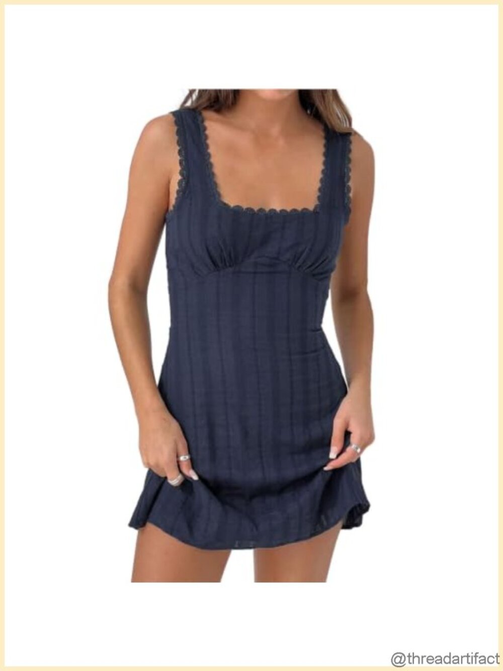 Womens Cotton Square Neck Sleeveless Shift Mini Dress Lace Trim A-Line Summer